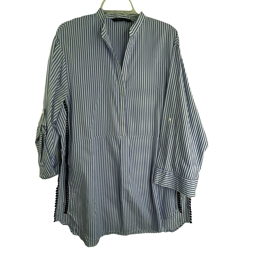 Zara Woman Blue Stripped Tunic V-neck Blouse Size XL Preppy Coastal Beach